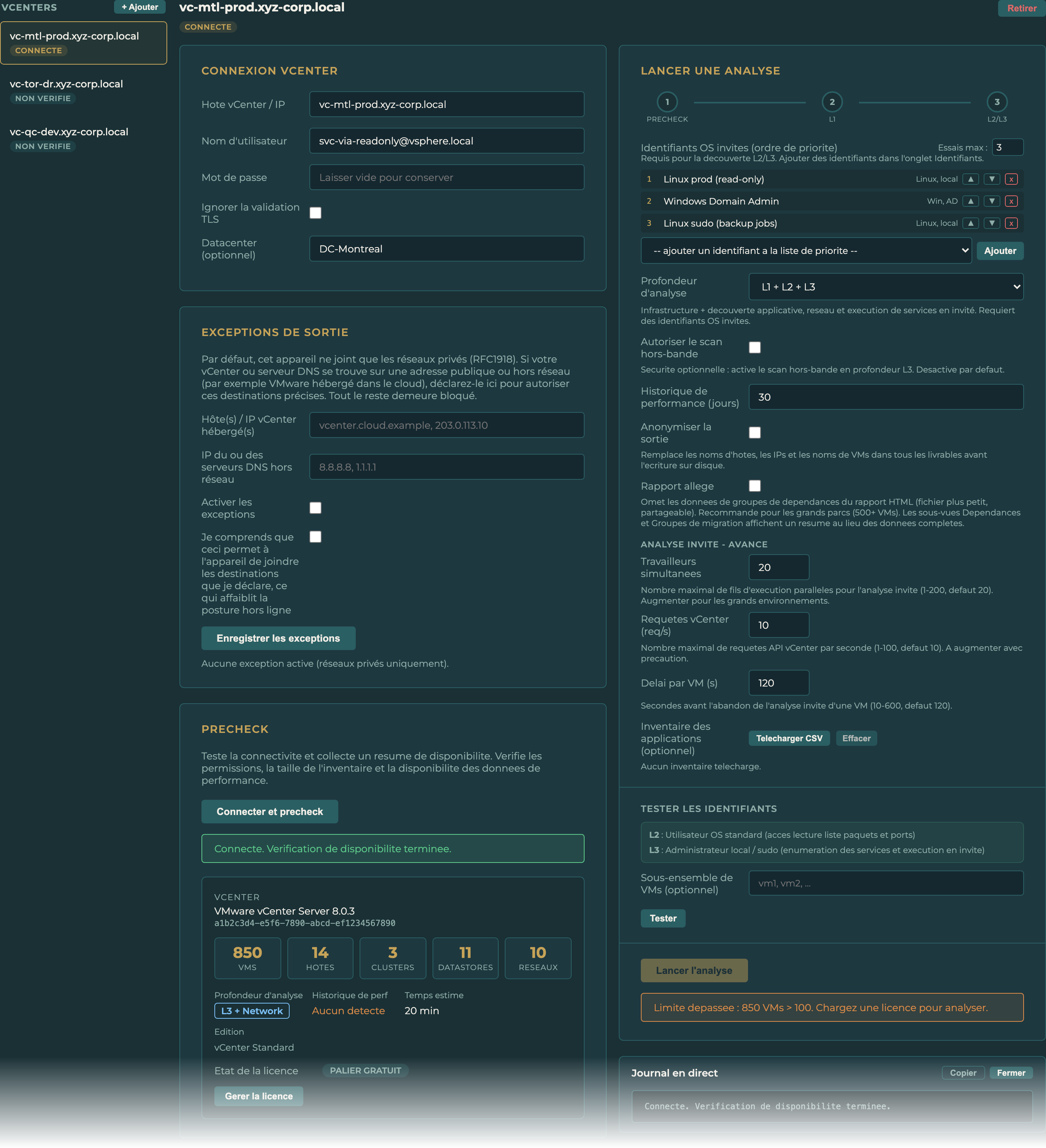 Capture d'écran de l'interface VIA, onglet vCenters avec plusieurs vCenter configurés