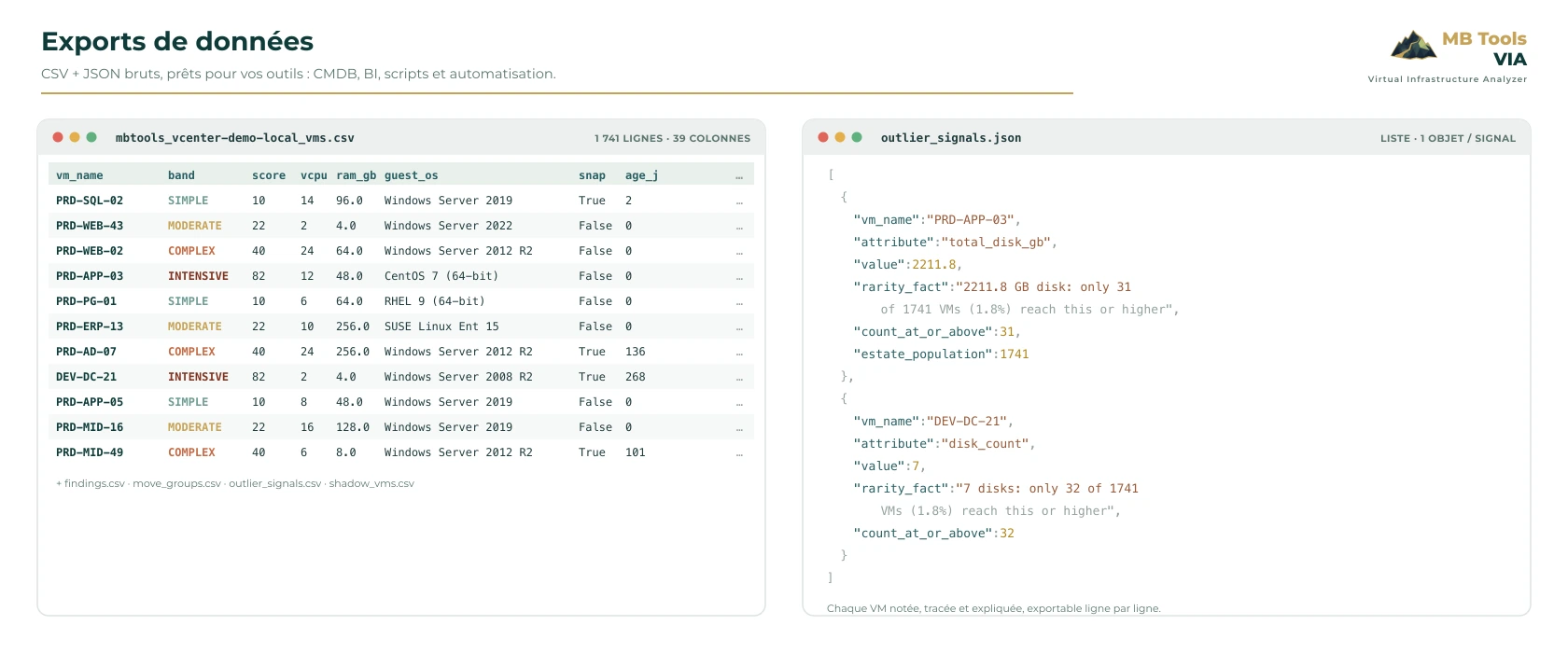 Exports CSV/JSON